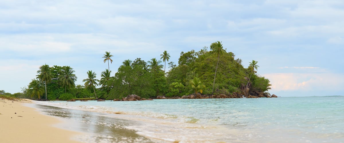 A beach with clear turquoise water, sandy shore, and a small island with palm trees.