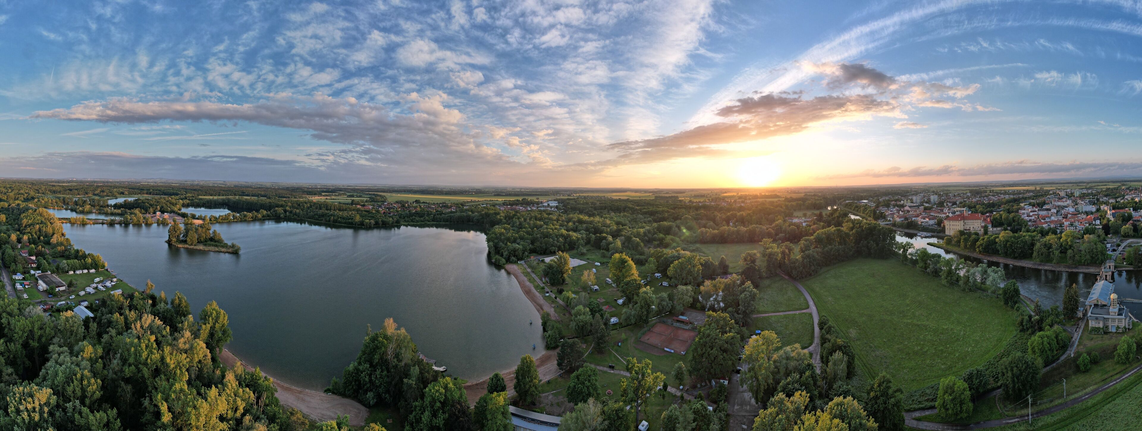 Podebrady historical city and Castle at Labe river,Chateau Poděbrady (Zámek Poděbrady) Czech Republic, scenic aerial landscape panorama view
