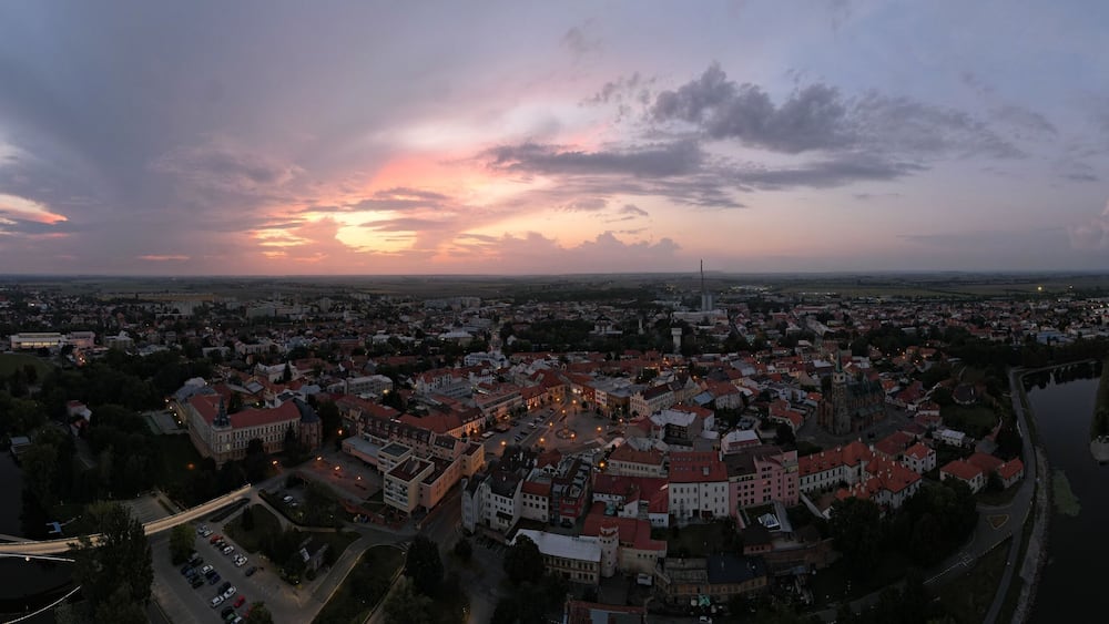 Gorgeous panoramic aerial view of the old Bohemian town of Nymburk on the River Elbe in Czechia