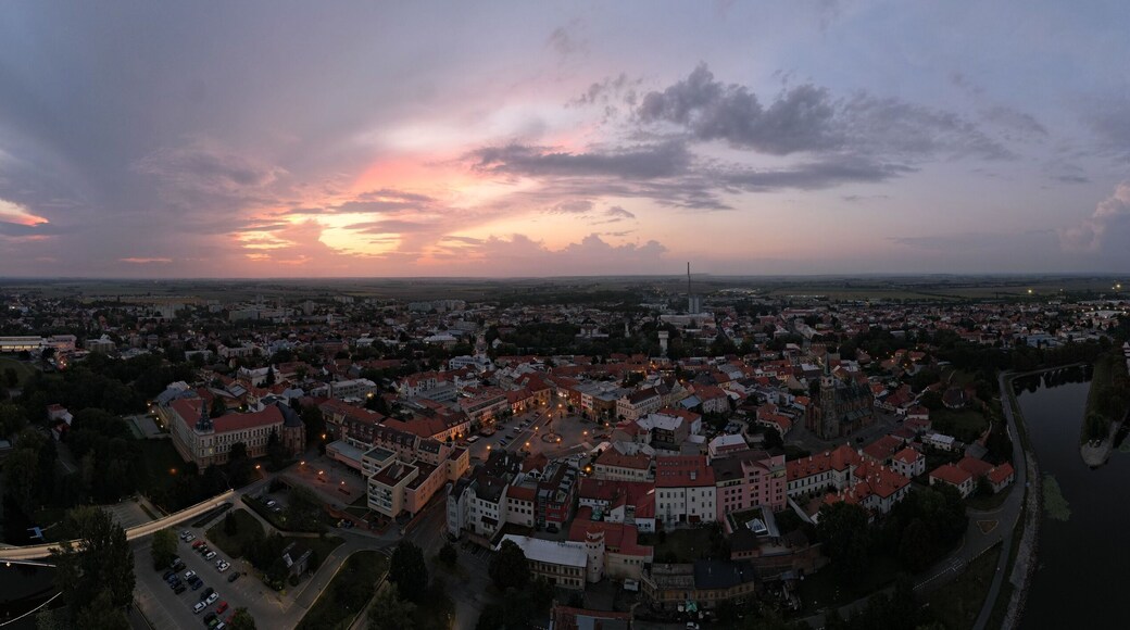 Gorgeous panoramic aerial view of the old Bohemian town of Nymburk on the River Elbe in Czechia