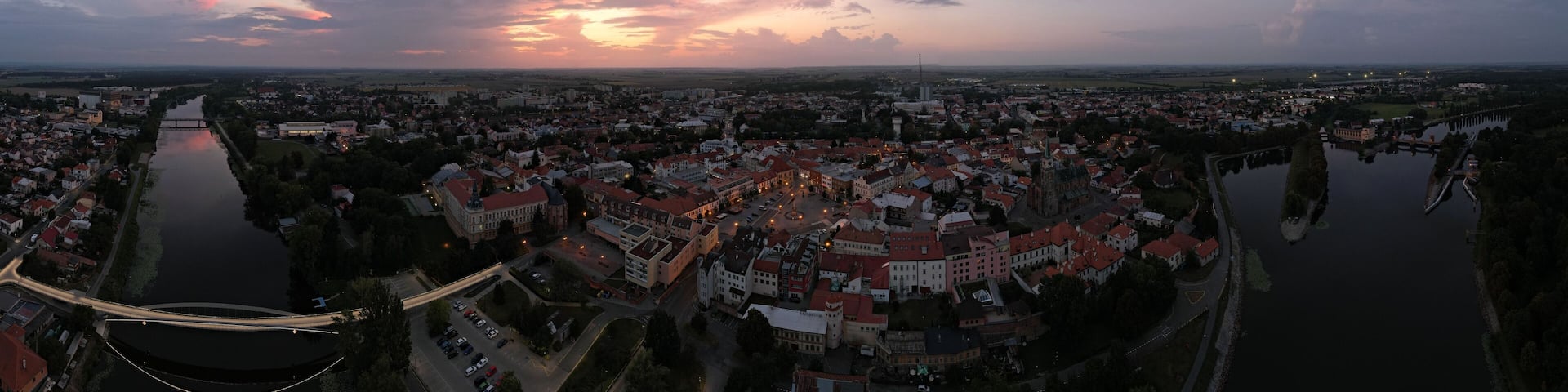 Gorgeous panoramic aerial view of the old Bohemian town of Nymburk on the River Elbe in Czechia