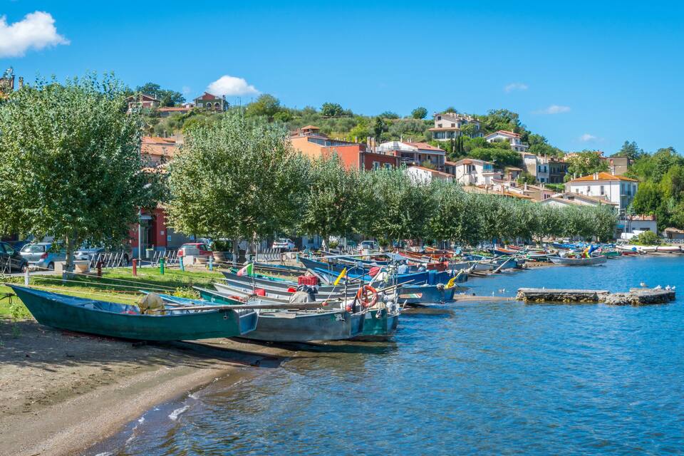 A coastal town with boats docked along the shore, surrounded by lush greenery and residential buildings.