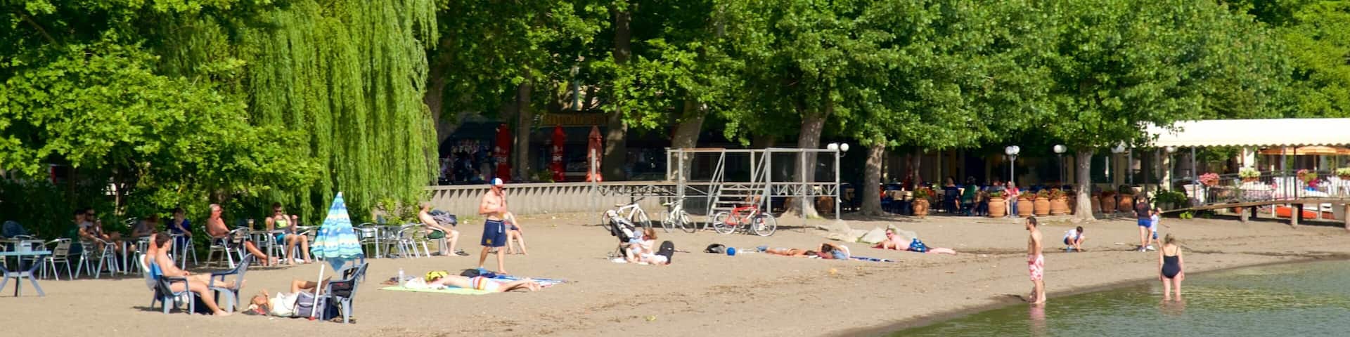 Lake Bolsena featuring a sandy beach and general coastal views