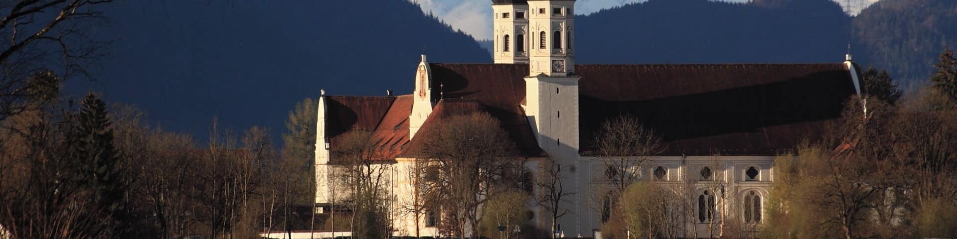 A church with two domes, surrounded by a green field and mountains in the background.