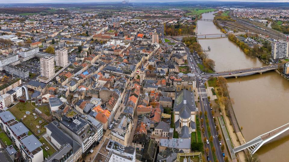 Aerial view of the city Thionville in France on a sunny autumn day