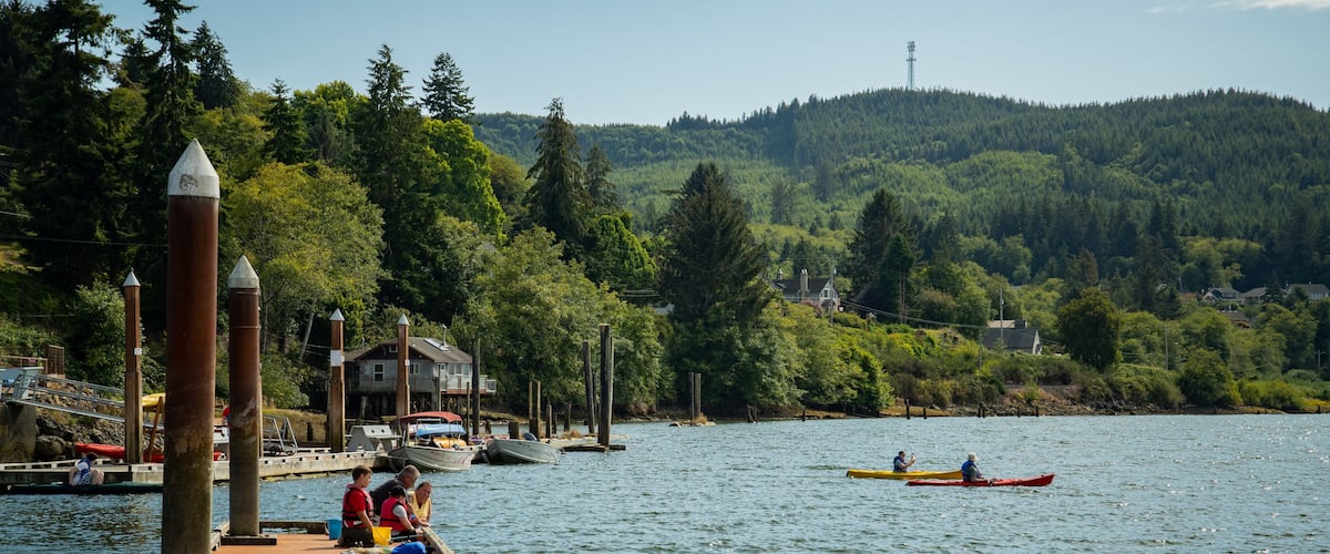 A wooden pier extending into a calm lake, surrounded by dense forest and a hill with a lighthouse in the distance.