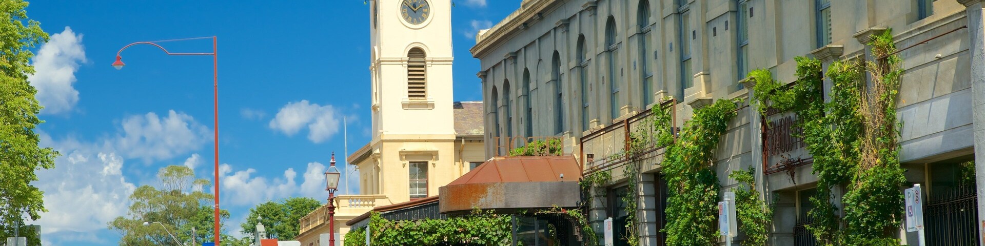 Rua com torre do relógio, carros estacionados e edifícios com trepadeiras.