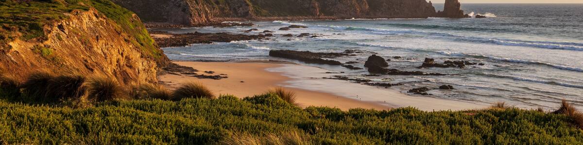 A coastal landscape with cliffs, a beach, and the ocean.