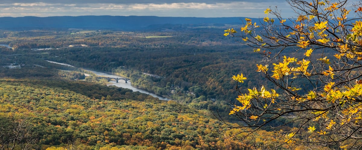 A river flowing through a forested valley with a bridge and autumn foliage.