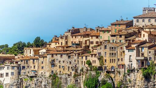 Panoramic view of Tourrettes-sur-Loup medieval village from Cassan Valley. Southeastern France, Alpes Maritimes.