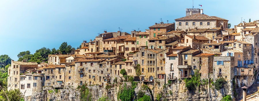Panoramic view of Tourrettes-sur-Loup medieval village from Cassan Valley. Southeastern France, Alpes Maritimes.