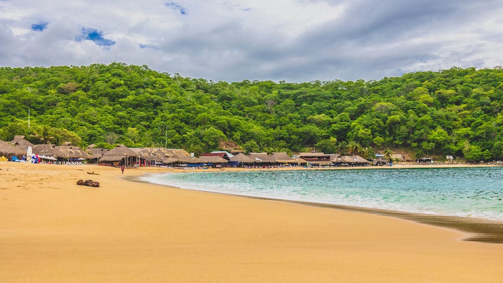 Huatulco bays - Maguey beach. Beautiful beach with pristine waters, with turtles and fishes. Mexican beach with wooden huts by the sea