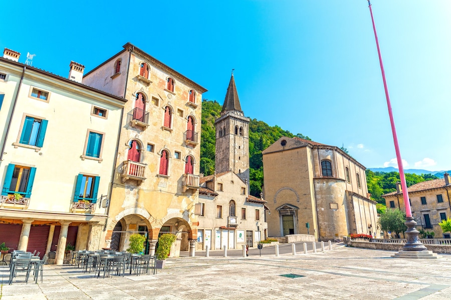 Vittorio Veneto, main square with church tower, town in Treviso province, Italy