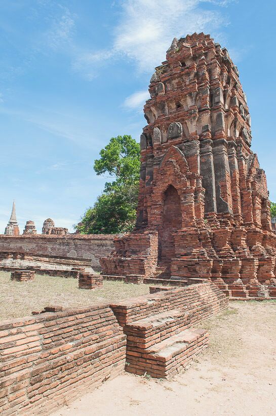 An ancient brick structure with intricate carvings and a large tree in the background.