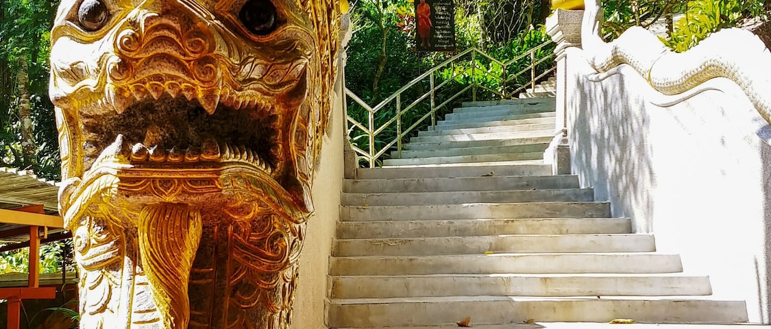 The journey begins with a single step. The foot of the staircase that will take you to the summit of Wat Tham Pha Plong and one of its guardians.
As you walk the 510 steps, be certain to be mindful. Read all the meditative statements and take a moment to reflect on the words.
When I returned to the bottom after visiting this amazing mountain jungle temple I felt as light as air!
#Trovember #Thailand #ChiangDao
#solotravel #hiddengem