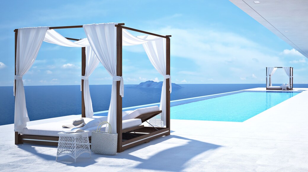 luxury swimming pool in santorini. 3d rendering