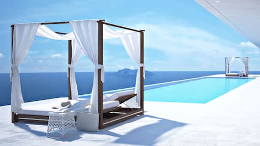 luxury swimming pool in santorini. 3d rendering