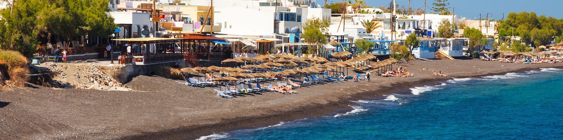 The black volcanic beach at Kamari Santorini Greece