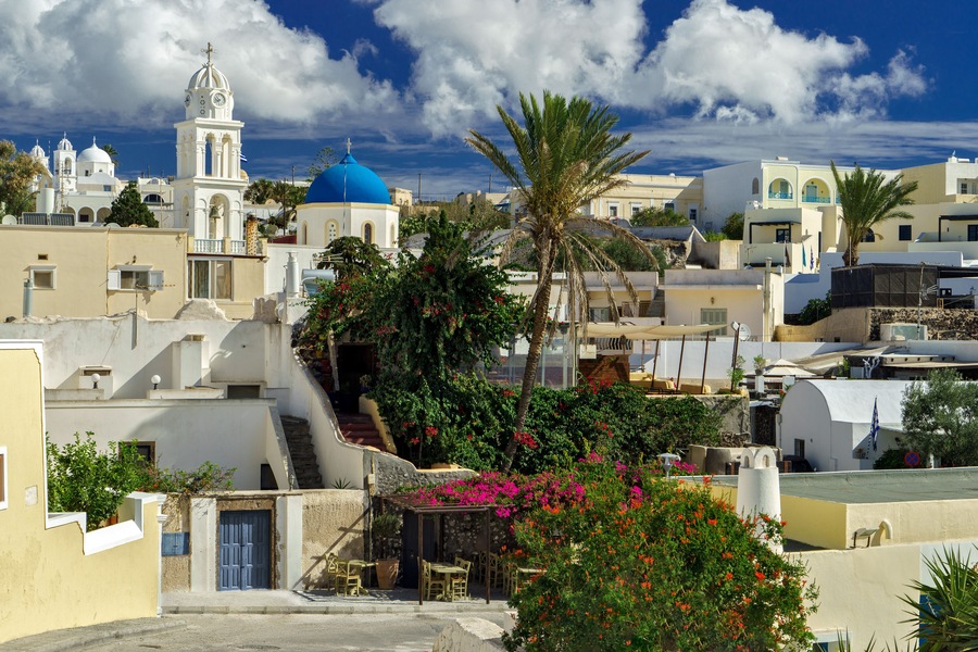 SANTORINI (THERA), CYCLADES, GREECE - South view of traditional village Megalochori with its old style Greek mansions.; Shutterstock ID 544814281