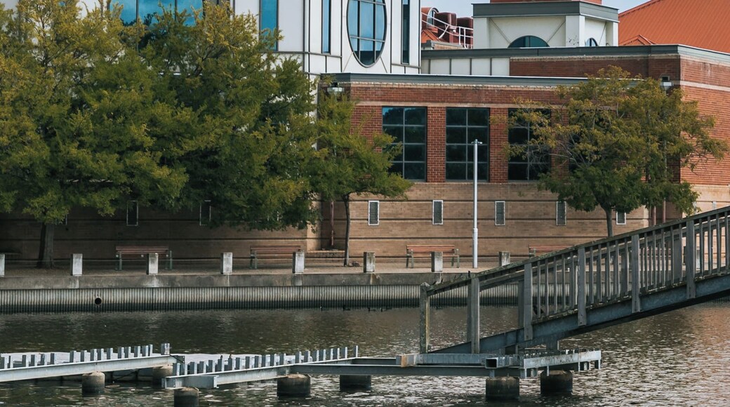 A riverside building with a red roof and large windows, a bridge over the water, and trees in the foreground.