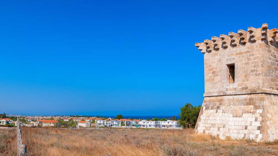 A stone tower with a crenellated top, surrounded by dry grass and a coastal town with red-roofed houses.