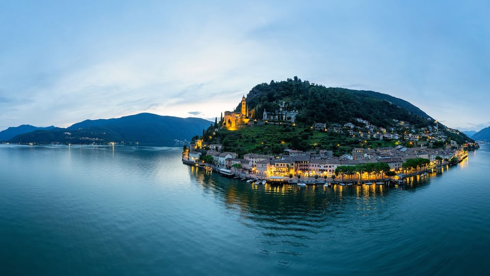 Panoramic landscape and cityscape with Church Madonna del Sasso by Lake Lugano, Vico Morcote, Switzerland
