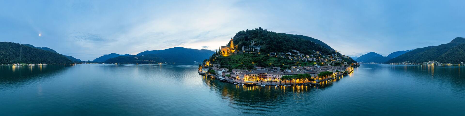 Panoramic landscape and cityscape with Church Madonna del Sasso by Lake Lugano, Vico Morcote, Switzerland