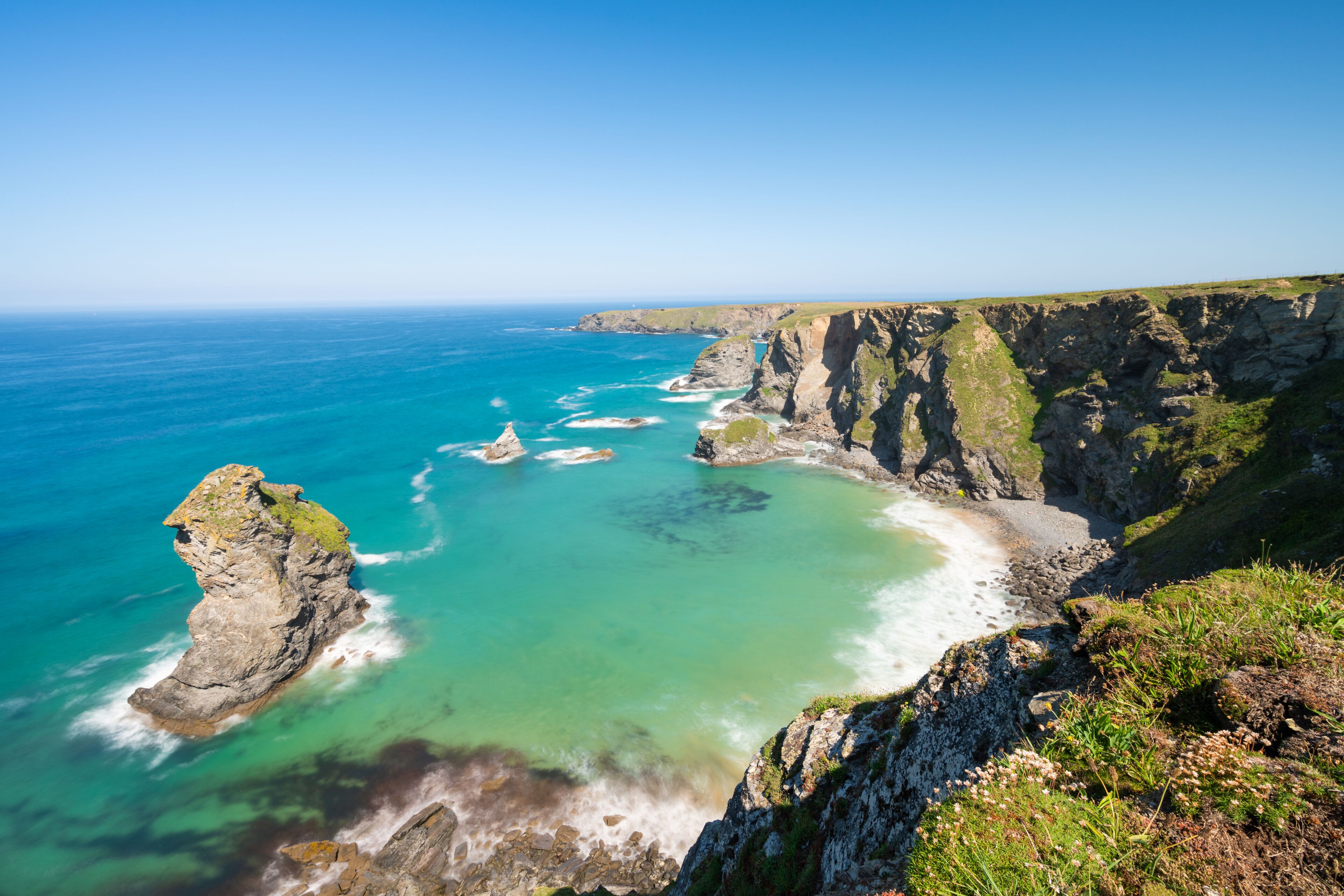 Bedruthan Steps in North Cornwall, United Kingdom