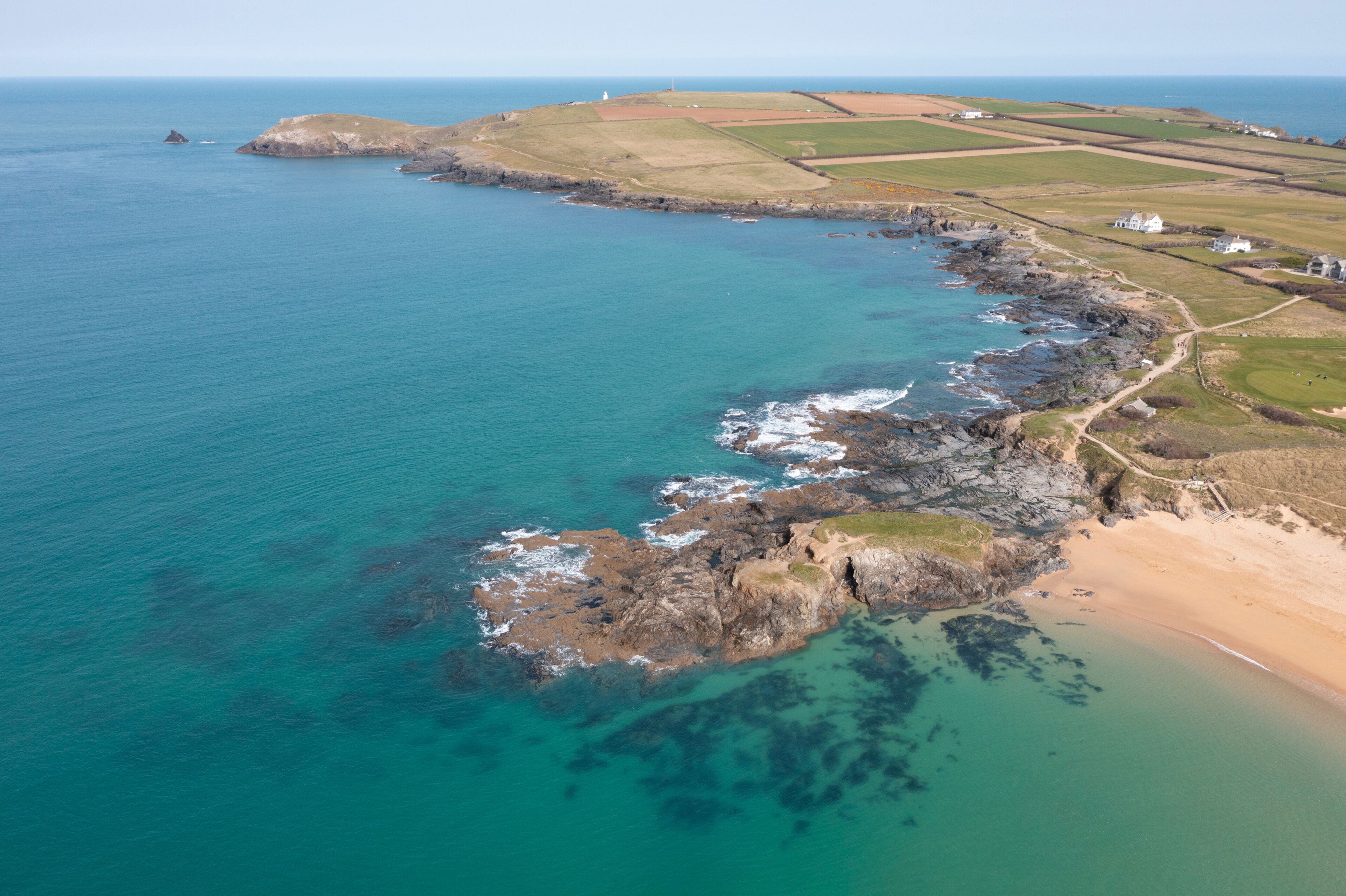 Aerial photograph of Constantine Bay near Newquay and Padstow, Cornwall, England.