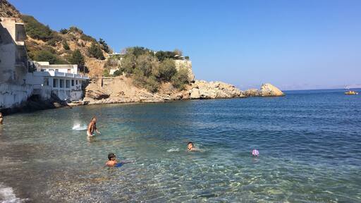 Therma ! 2 kms away from the port with a very clear sea. Its not very modern but good to go. You can take a boat 200 meters from the port to come to Therma for 1 euro