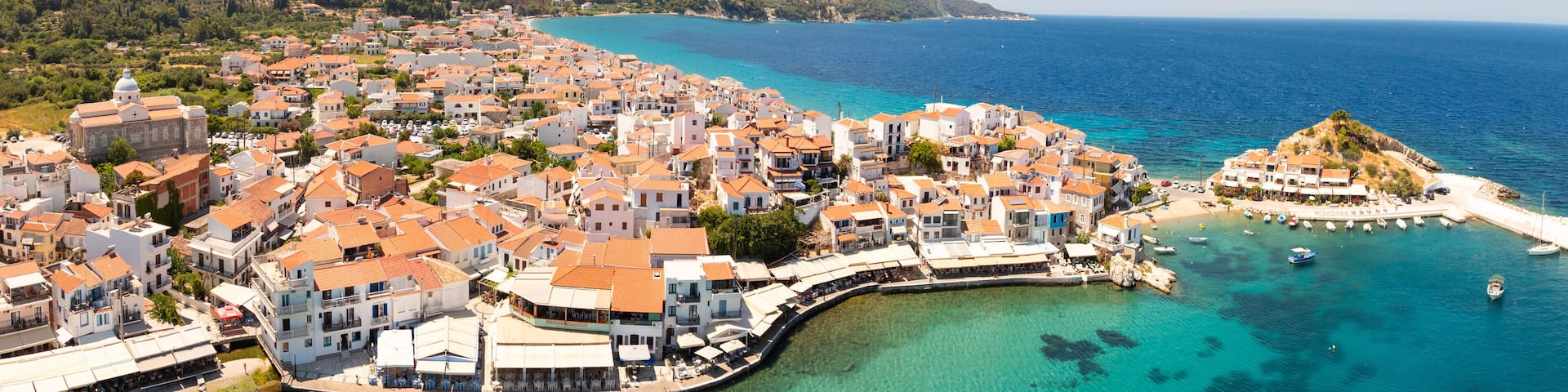 Panorama of Kokkari town on Samos island, Greece