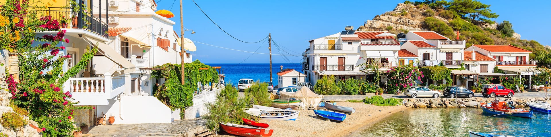 A view of Kokkari fishing village with beautiful beach, Samos island, Greece