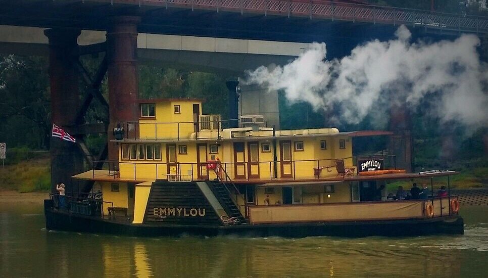 Spotted on the River Murray at Echuca on my way home today, the paddlesteamer Emmylou.

Launched in 1982, and fitted with an original 1906-vintage wood-fired Marshall and Sons steam engine, she's a replica of the passenger steamers which, along with cargo vessels, plied these waters for a hundred years, from the 1860s. 

The last commercial paddlesteamer on the Murray ceased operations in the 1960s. Now the PS Emmylou and the PS Canberra, both operating out of Echuca, give tourists a unique taste of life on the river, as it was back in the days when roads were few and far between, and goods of all kinds were moved up and down the river by paddlesteamers just like the Emmylou. 

If you're in Echuca, check out the PS Emmylou.