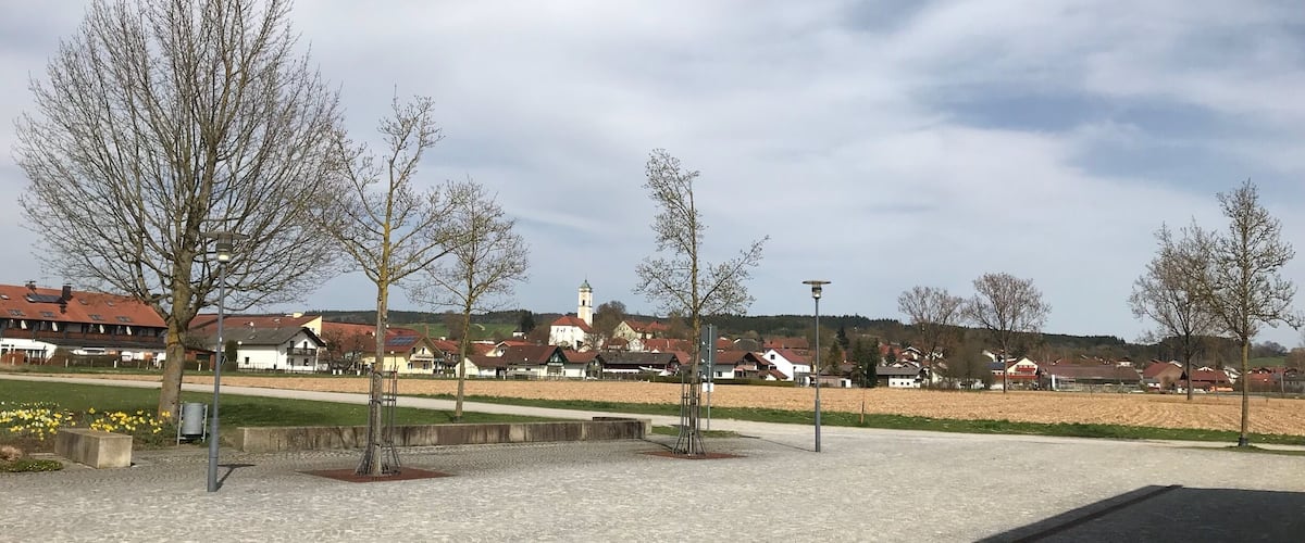 A cobblestone plaza with bare trees, a church with a tower, and houses in the background.