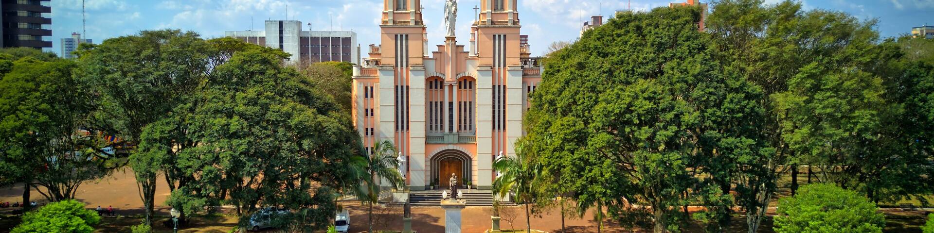 Aerial view of Campo Mourao city, Parana, Brazil. Sunny day with the view of St. Joseph's Cathedral, the mother church of the city.