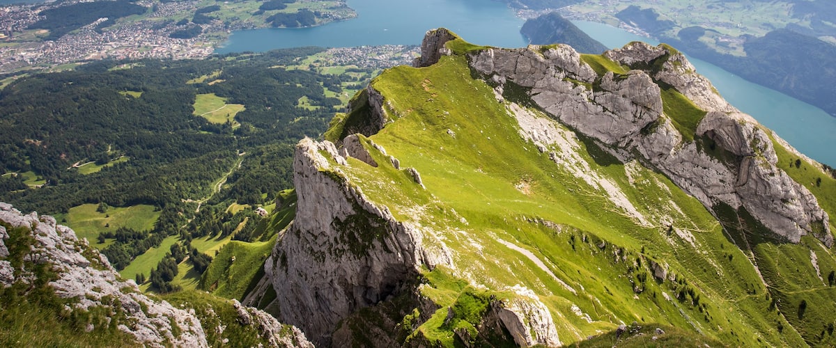 Beautiful view to Lucerne lake (Vierwaldstattersee), mountain Rigi and Buergerstock from Pilatus, Swiss Alps, Central Switzerland; Shutterstock ID 346374545
