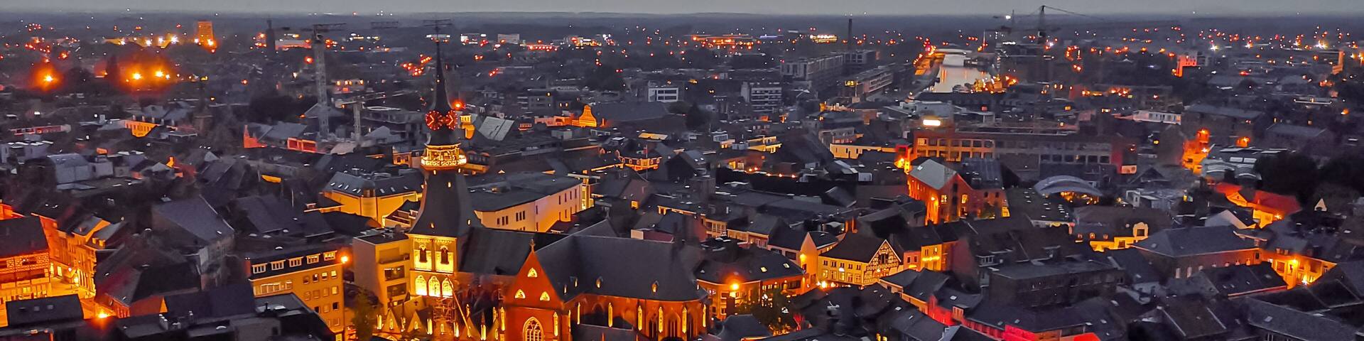 Hasselt city center aerial view shortly after sunset, Limburg province, Belgium