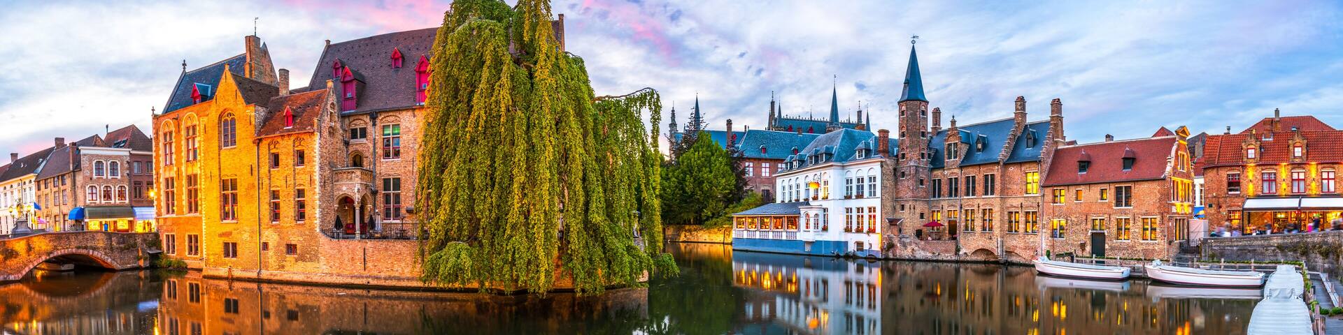 A historic European town with a calm river, reflecting buildings and a prominent weeping willow tree.