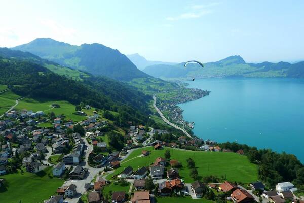 #LifeAtExpediaGroup Lake Lucerne and Emmetten below looking for our landing spot after a wonderful paragliding flight. Perhaps the best way to get up and above the mountains. If you ever have the chance to experience paragliding go for it.