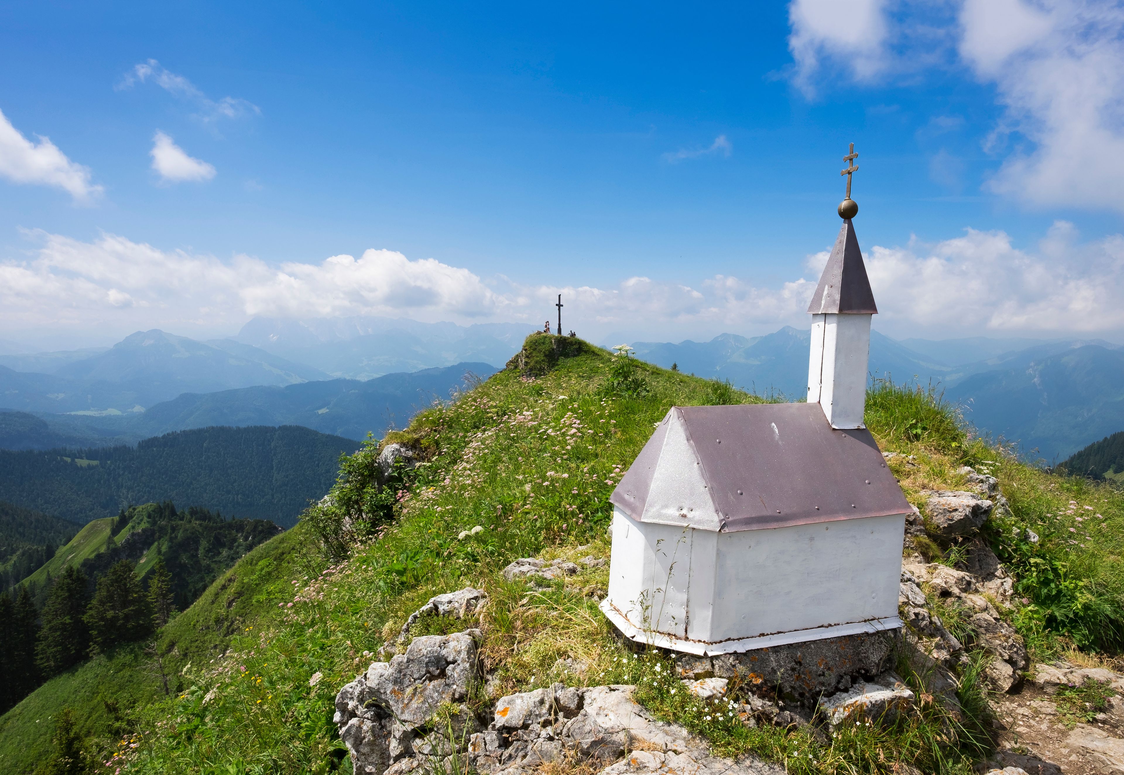 Germany, Unterwoessen, summit cross on Hochgern and miniature chapel in the foreground