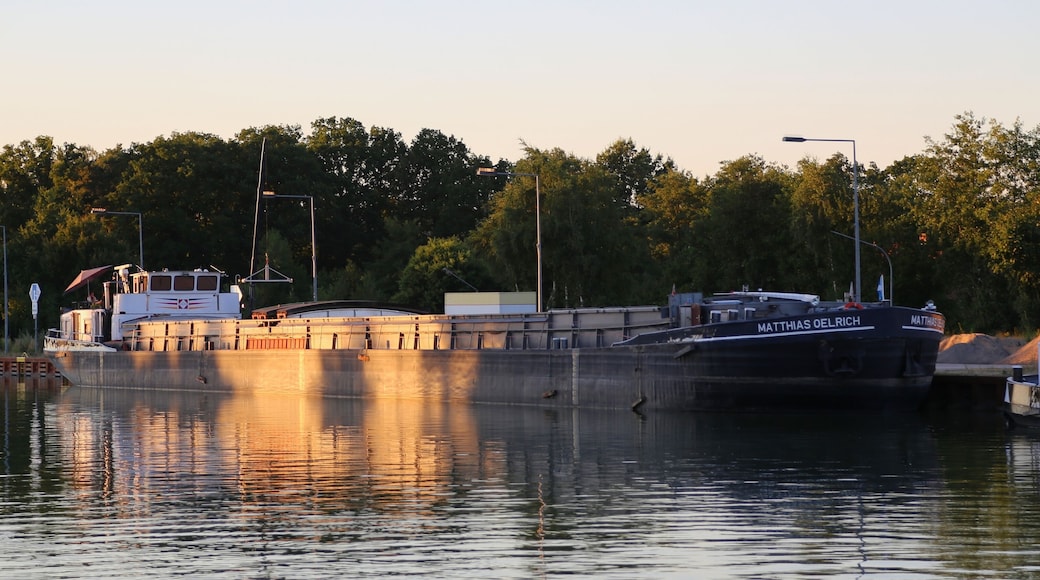 The barge GMS Matthias Oelrich in the Dortmund–Ems Canal port of Dörenthe (Hafen Dörenthe) in Ibbenbüren-Dörenthe, Kreis Steinfurt, North Rhine-Westphalia, Germany.
