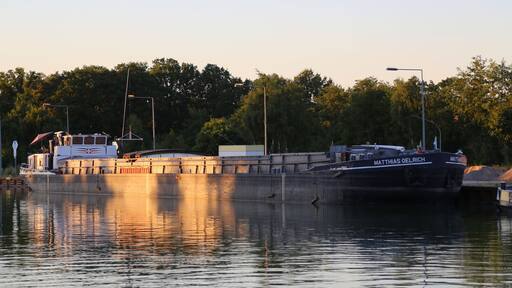 The barge GMS Matthias Oelrich in the Dortmund–Ems Canal port of Dörenthe (Hafen Dörenthe) in Ibbenbüren-Dörenthe, Kreis Steinfurt, North Rhine-Westphalia, Germany.
