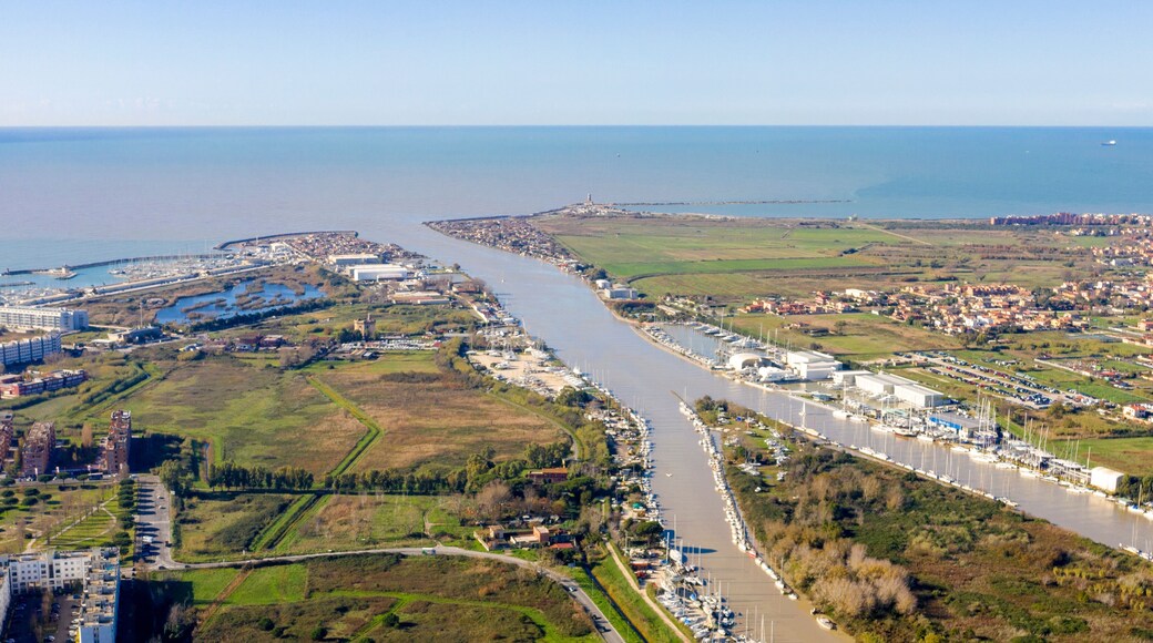 Aerial view of the Tiber River estuary in the Tyrrhenian Sea. It is located in the municipality of Fiumicino near Rome, Italy.