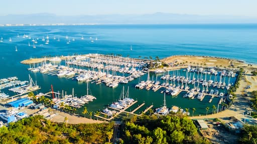 Marina at La Cruz de Huanacaxtle crowded with yachts on a sunny day in Nayarit, Mexico