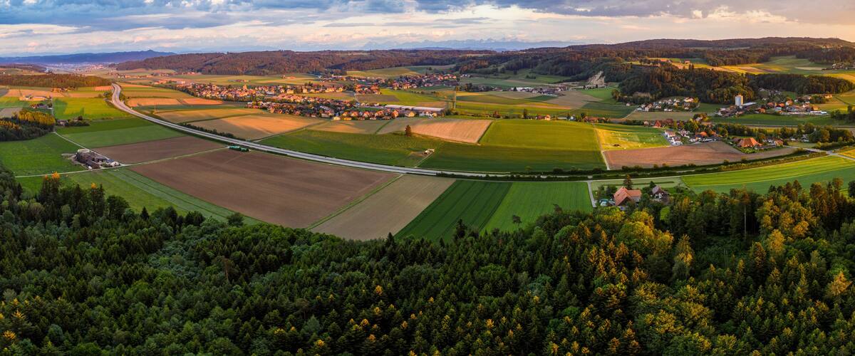 A rural landscape with fields, a winding road, and scattered houses.