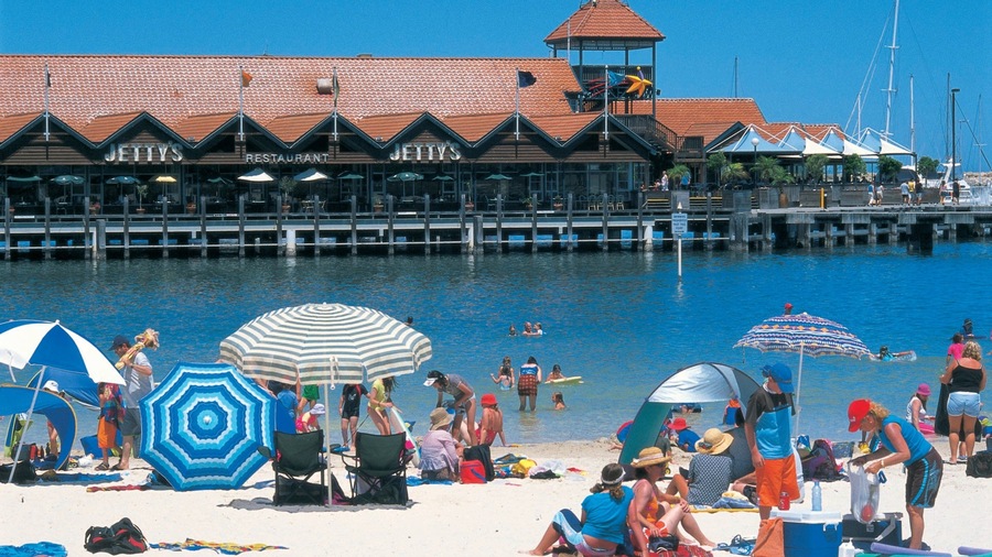 Hillarys which includes a sandy beach as well as a large group of people