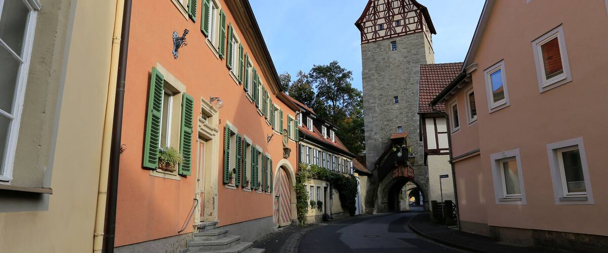 A narrow street with historic buildings, a tower, and a stone archway.