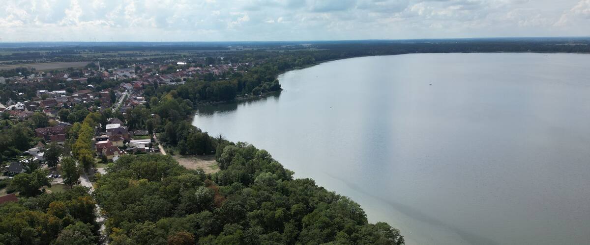 A lake surrounded by dense forest and a small town with houses and wind turbines in the distance.