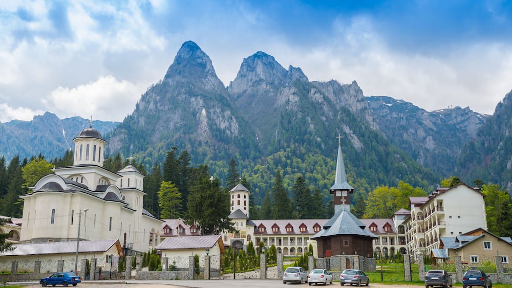 Wide panoramic view over Caraiman monastery in Predeal town, Romania