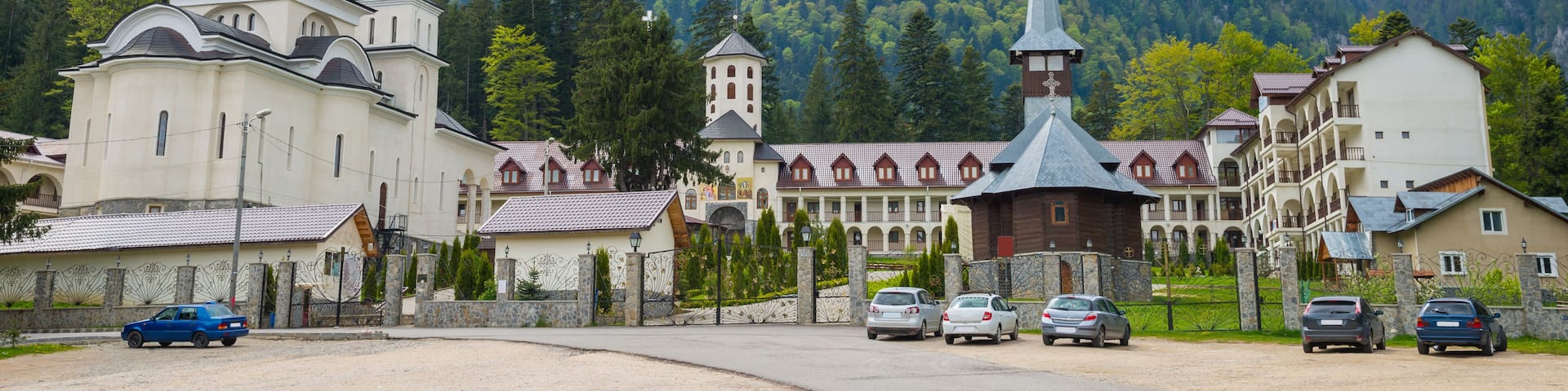 Wide panoramic view over Caraiman monastery in Predeal town, Romania